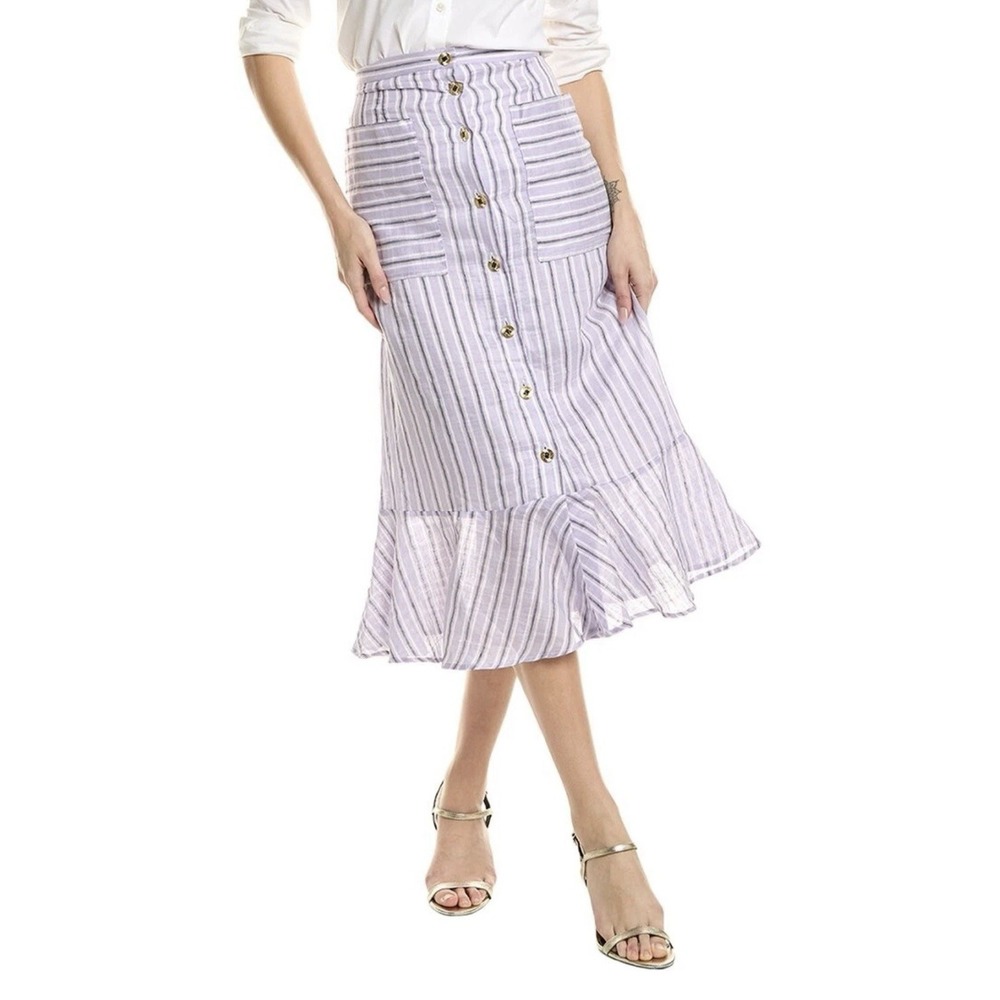 Sandro Midi Skirt Womens Size 34 Linen Blend Ruffle Cóctel Designer Lined New